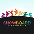 Snowboard, snowboarders, snowboarding extreme winter sport people silhouettes vector illustration, riding a board, tricks Royalty Free Stock Photo